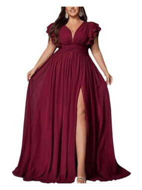 Plus Size A-Line Formal Bridesmaid Dress V-Neck Ruffle Sleeve High Slit
